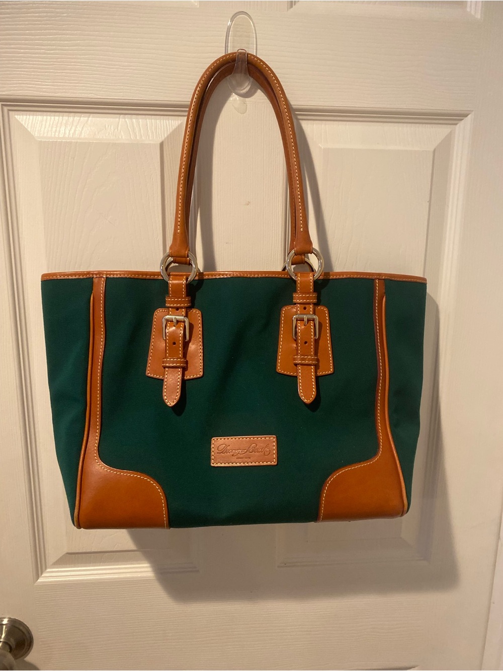 Rare Vintage Dooney & Bourke Classic Green Canvas Tote with Tan Leather Trim